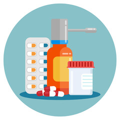 Fototapeta premium Flat design of spray bottle, pills and test tube for medicine and healthcare. Illustration for websites, landing pages, mobile applications, posters and banners. Trendy flat vector illustration