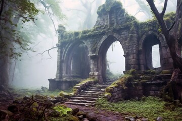 Abandoned mystic ruins in a foggy forest. Generated ai.