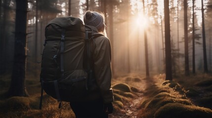 Traveler with a backpack in the forest on a foggy morning. Generated ai.