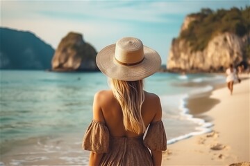 Woman tourist in a hat on the beach view from behind. Generated ai.