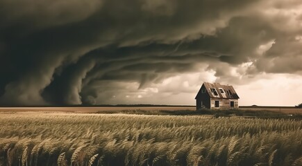 A small house in a field with a big tornado approaching. Generated ai.