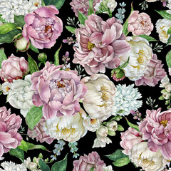 Seamless floral pattern with pink, white peonies, hyacinths, leaves on black background, realistic botanical watercolor illustration. Design for textiles, interiors, clothes, wallpaper. Botanical art