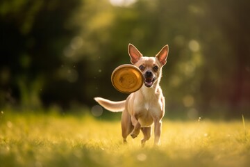 Environmental portrait photography of a happy chihuahua catching a frisbee against zoos and wildlife sanctuaries background. With generative AI technology