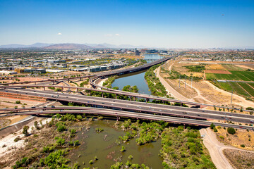 Water in the Salt River aerial view looking West towards Tempe, Arizona