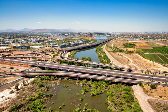 Water in the Salt River aerial view looking West towards Tempe, Arizona