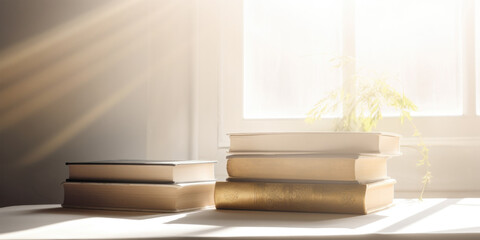 Knowledge concept. Books laying near the window in sun rays, copy space for text. Generative AI