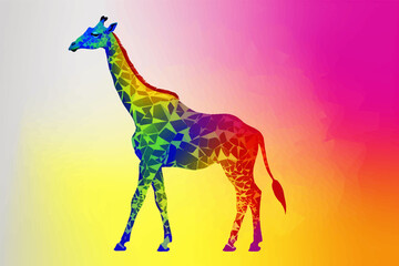 Cute Giraffe in rainbow colors isolated on a multicolored gradient background. Full body. Funny Сartoon character. 3D digital vector illustration for your design