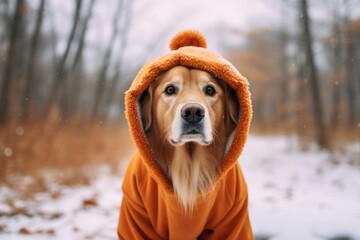 Lifestyle portrait photography of a curious golden retriever wearing a halloween costume against snowy winter landscapes background. With generative AI technology