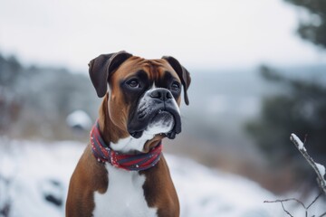 Medium shot portrait photography of a curious boxer wearing a ribbon against snowy winter landscapes background. With generative AI technology