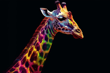 Giraffe head in rainbow colors isolated on a black background. Funny Cute Сartoon character. Copy space. 3D digital vector illustration for your design