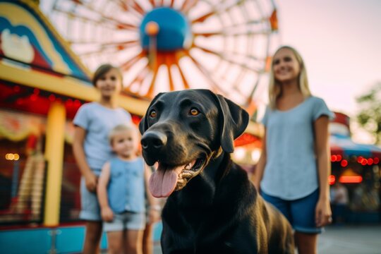 Lifestyle portrait photography of a curious labrador retriever posing with a family against amusement parks background. With generative AI technology