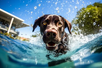 Medium shot portrait photography of a curious labrador retriever splashing in a pool against college and university campuses background. With generative AI technology