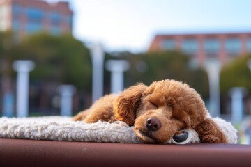 Medium shot portrait photography of a curious poodle sleeping against college and university campuses background. With generative AI technology