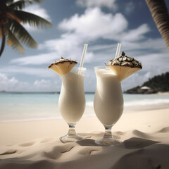 Delicious cocktails on beach arrangement. Two pina colada in the sand with pineapple. Beach tropical cocktails. 3D realistic illustration. Generative AI