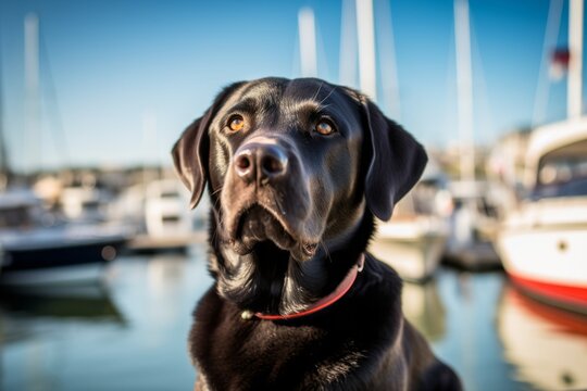 Medium shot portrait photography of a curious labrador retriever enjoying a picnic against marinas and harbors background. With generative AI technology