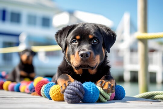 Medium shot portrait photography of a curious rottweiler playing with toys against marinas and harbors background. With generative AI technology
