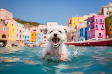 Medium shot portrait photography of a happy maltese swimming against colorful neighborhoods background. With generative AI technology - obrazy, fototapety, plakaty