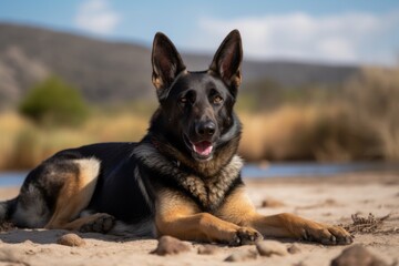 Full-length portrait photography of a happy german shepherd lying down against wildlife refuges background. With generative AI technology