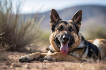 Full-length portrait photography of a happy german shepherd lying down against wildlife refuges background. With generative AI technology