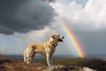 Cute pet dog goes to rainbow. Metaphor for pet's departure to afterlife. Generative AI illustration