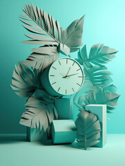 Palm tree and blue alarm clock. Summer composition with 3D clock with palm leaves in pastel blue color. Alarm-clock minimalism design. 3D realistic illustration. Generative AI