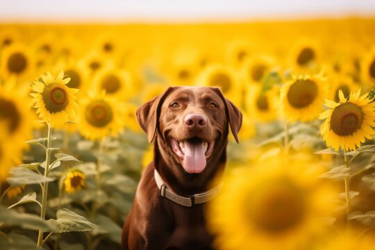 Lifestyle portrait photography of an aggressive labrador retriever eating against sunflower fields background. With generative AI technology
