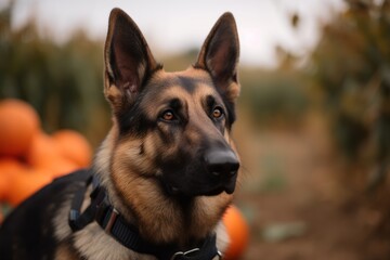 Close-up portrait photography of a curious german shepherd wearing a harness against pumpkin patches background. With generative AI technology