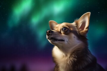 Medium shot portrait photography of a happy chihuahua being with a pet cat against aurora borealis viewing spots background. With generative AI technology