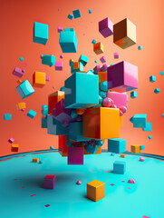 Colorful cubes flying. Group of colorful cubes flying abstract. Abstract scene with cubes. 3D realistic illustration. Generative AI