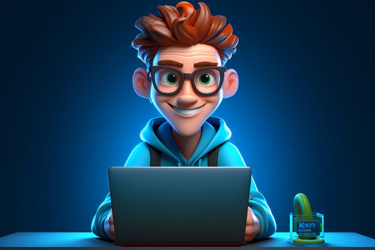 Portrait of successful programmer, game developer or coder guy in uses computer laptop for work. Game design. Hacker boy. Generative Ai. Cyber Gamer.
