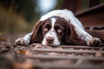 Environmental portrait photography of a happy english springer spaniel sleeping against race tracks background. With generative AI technology