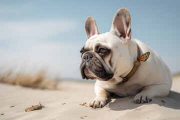 Obraz premium Full-length portrait photography of a bored french bulldog having a butterfly on its nose against sand dunes background. With generative AI technology
