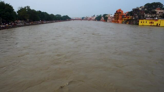 July 8th 2022 Haridwar India. Wide angle view of River Ganges flowing .