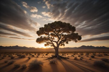 Fototapeta na wymiar An image of a lone tree standing in the middle of a vast desert landscape, with the sun setting behind it ai generated