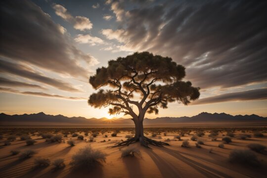 An image of a lone tree standing in the middle of a vast desert landscape, with the sun setting behind it ai generated