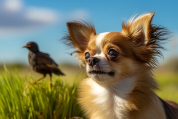 Medium shot portrait photography of an aggressive chihuahua being with a pet bird against wetlands and marshes background. With generative AI technology
