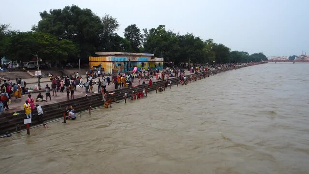 July 8th 2022 Haridwar India. Wide angle view of River Ganges flowing .