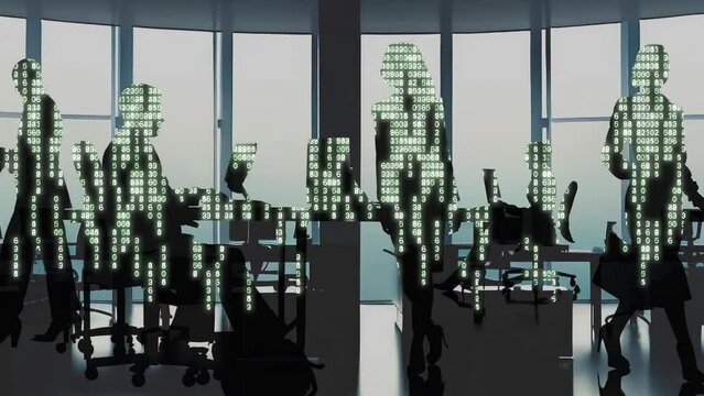 Office workers replaced by AI.
Silhouetted office workers replaced by computer code.