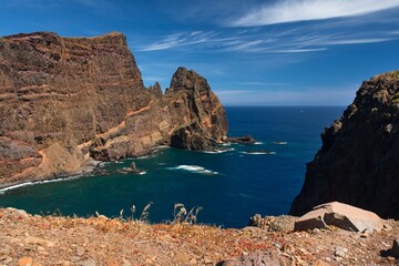 Fototapeta na wymiar View of volcanic landscape and cliffs in Ponta de Sao Lourenco, Madeira Islands, Portugal.