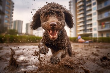 Medium shot portrait photography of an aggressive poodle playing in a mud puddle against urban rooftop gardens background. With generative AI technology