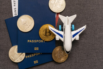 Bitcoin with aeroplane, passport. Cryptocurrency Business concept.