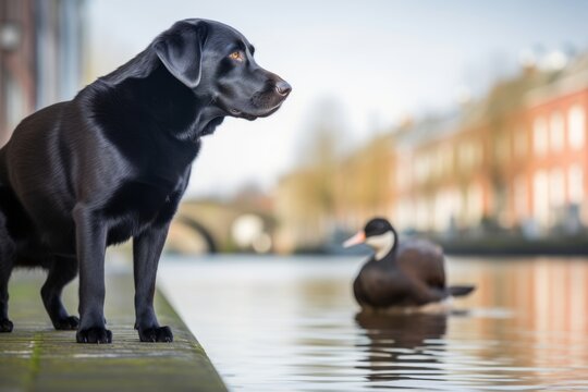 Full-length portrait photography of a curious labrador retriever being with a pet cat against canals and waterways background. With generative AI technology