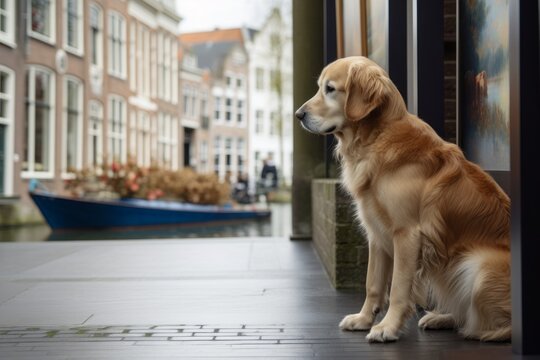 Full-length portrait photography of a curious golden retriever being at an art gallery against canals and waterways background. With generative AI technology