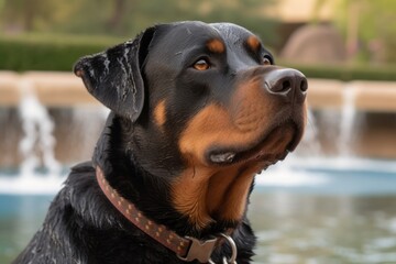 Headshot portrait photography of a curious rottweiler wearing a collar against fountains and water features background. With generative AI technology