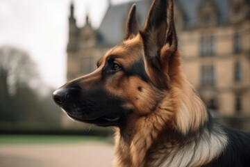 Fototapeta premium Close-up portrait photography of a curious german shepherd swinging against castles and palaces background. With generative AI technology
