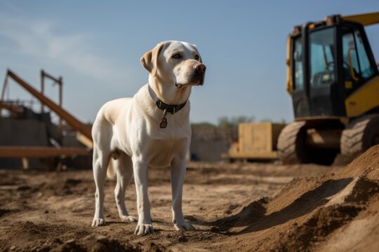 Full-length portrait photography of a happy labrador retriever being at a construction site against outdoor mazes background. With generative AI technology