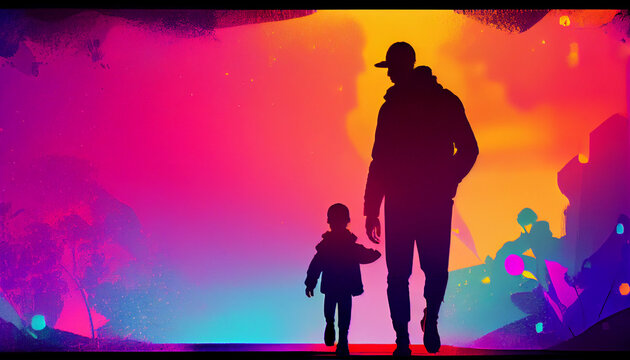 Men with his child silhouette on vibrant colourful background. single father. happy father child. fathers day concept. Ai generated image