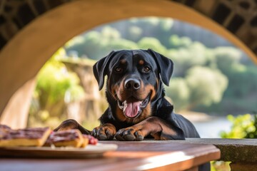 Medium shot portrait photography of a curious rottweiler enjoying a picnic against natural arches and bridges background. With generative AI technology