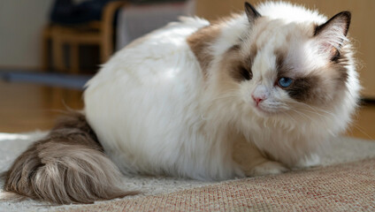 One eyed fluffy white purebred Ragdoll cat with blue eyes, lying on the floor looking somewhere.