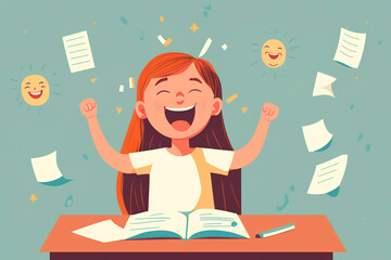 Excited cartoon schoolgirl at desk after passing exam generative AI